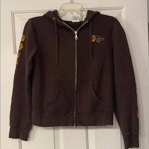 Roxy Chocolate Brown Hoodie with Orange Floral Details